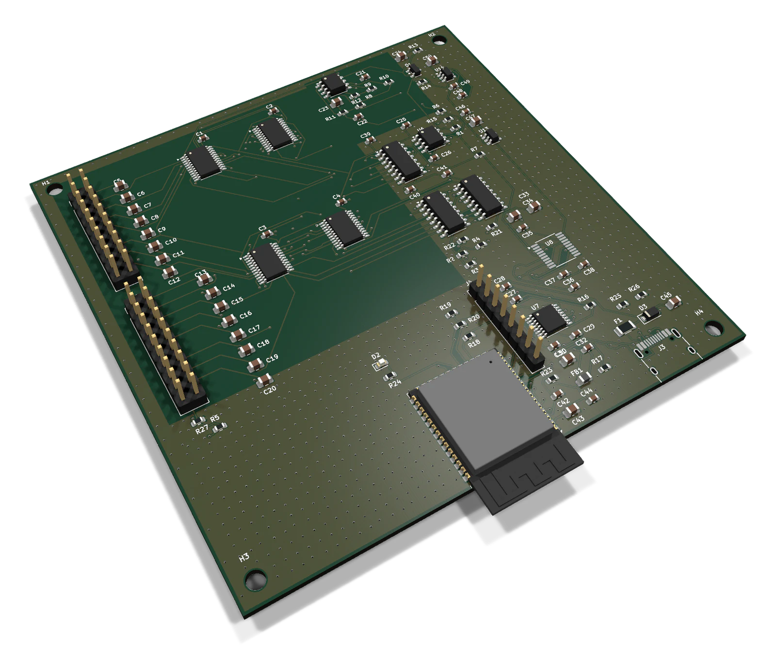 Render of the EIT-16CH measurement board: a square board with multiplexers, amplifiers and an ESP32-S3 module