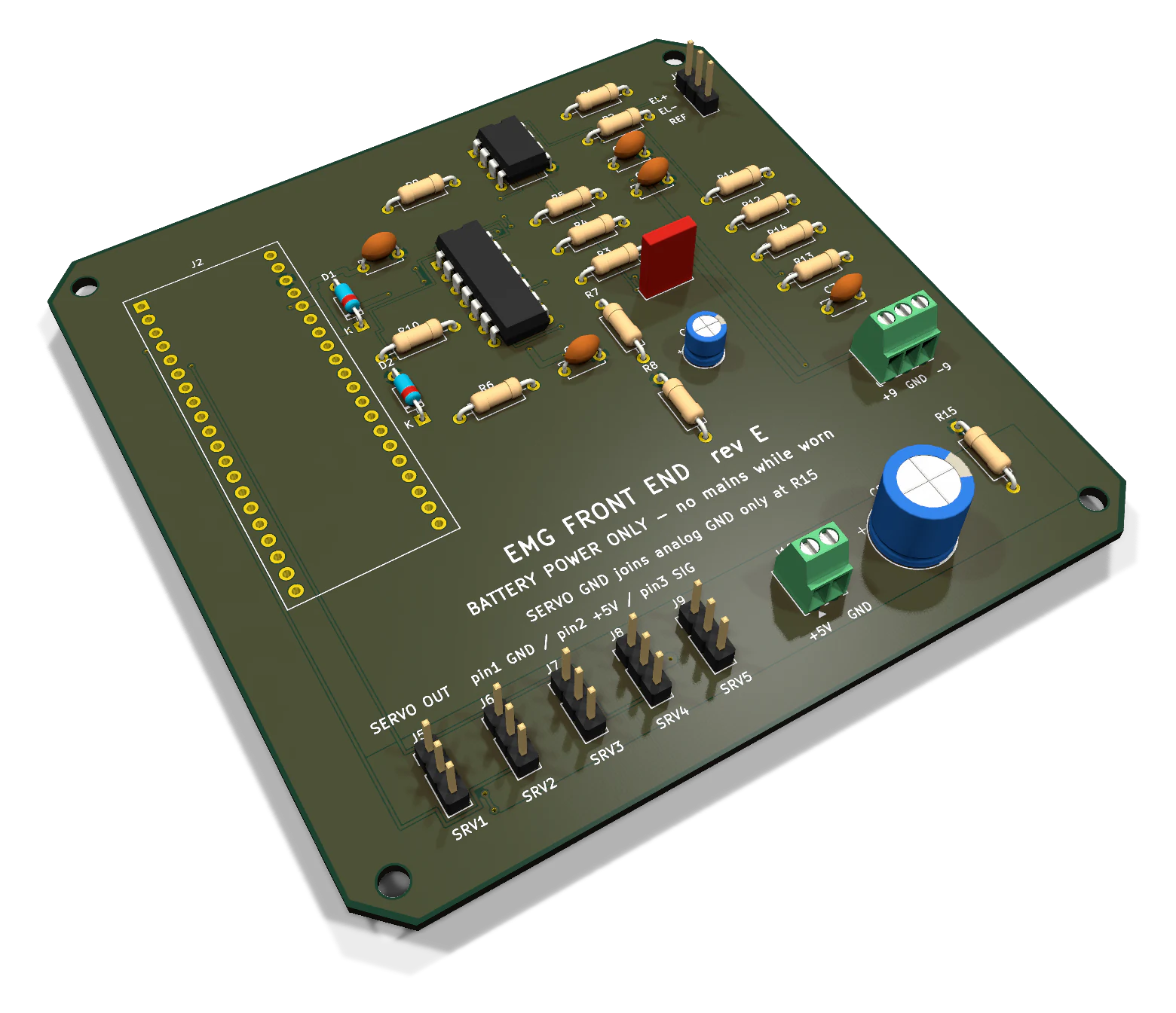 Render of the EMG front end board, rev E: a through-hole board with two amplifier chips, a socket for a Raspberry Pi Pico and the silkscreen warning BATTERY POWER ONLY