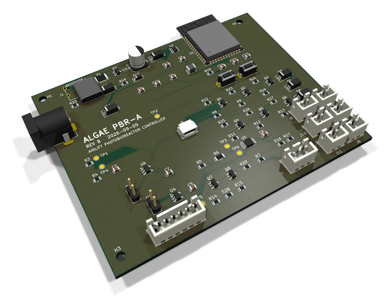 Render of the photobioreactor controller board, rev B, with an ESP32-S3 module, a barrel jack and a row of white connectors