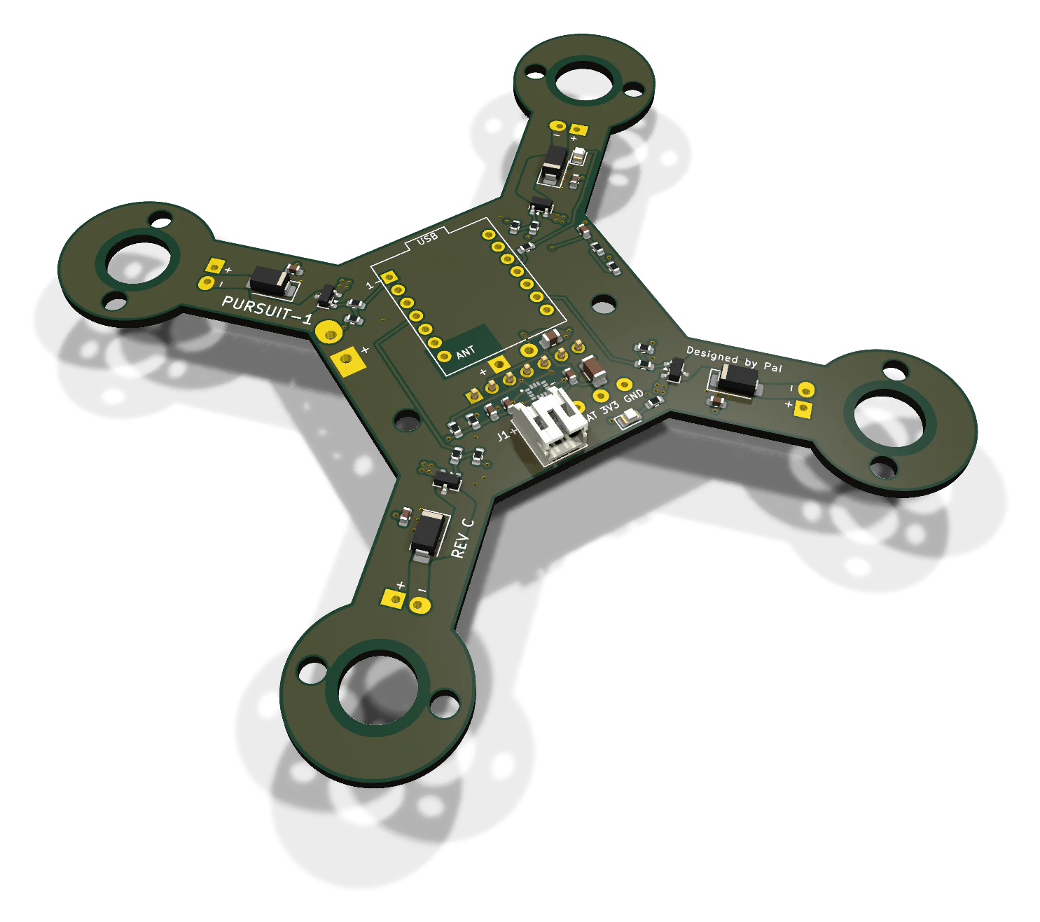 Render of the PURSUIT-1 board: an X-shaped circuit board with a motor ring at the end of each of its four arms, marked REV C