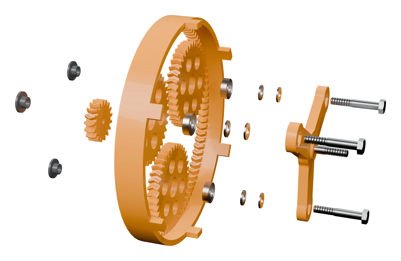 Render of the gear cartridge pulled apart: an orange herringbone ring gear with three planets inside it, the small sun gear and three pin spacers to its left, six steel washers and three bearings in the air, and the orange three-armed spider with its three M8 pin bolts and the axle bolt to the right