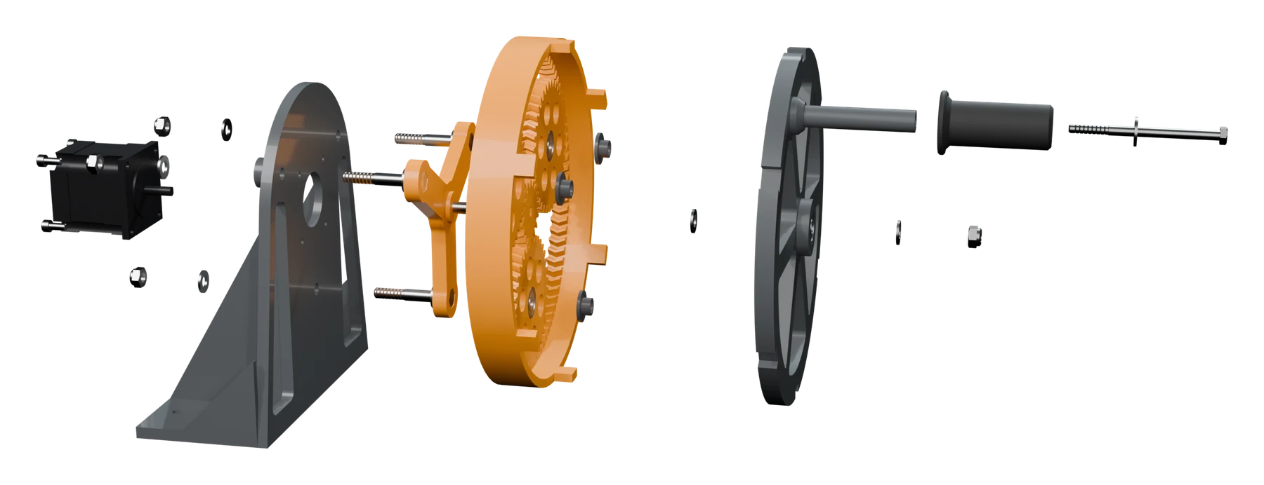 Render of the crank charger pulled apart along its axle: a black NEMA23 motor and its screws, a grey printed frame, an orange herringbone ring gear with three planets and a sun, three steel pins with washers, a grey spoked hand wheel with its two bearings and spacer, and the grip on its M6 bolt