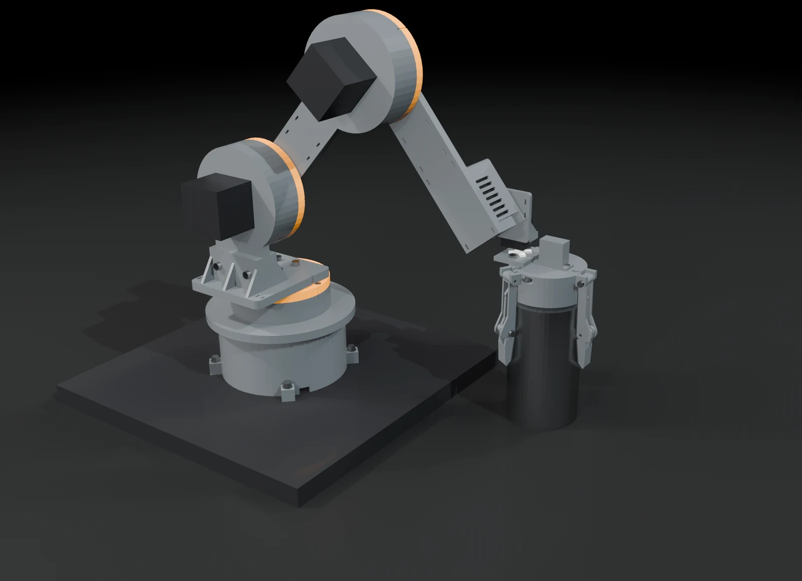 Render on a black studio floor of a grey printed robot arm standing on a dark square board: a round base with the yaw joint, an upright shoulder joint and an elbow joint, each a cylindrical drum with an orange ring, two flat links, a wrist block and three printed fingers closed round a satin steel can