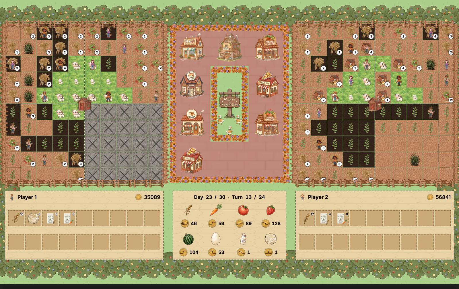 The competition's pixel-art visualiser at day 23 of a 30-day game: two fenced farms of ten by ten tiles either side of a town square with seven shops, crops and animals on both farms, farm hands walking the rows, and beneath them two player panels and a price board for eight products
