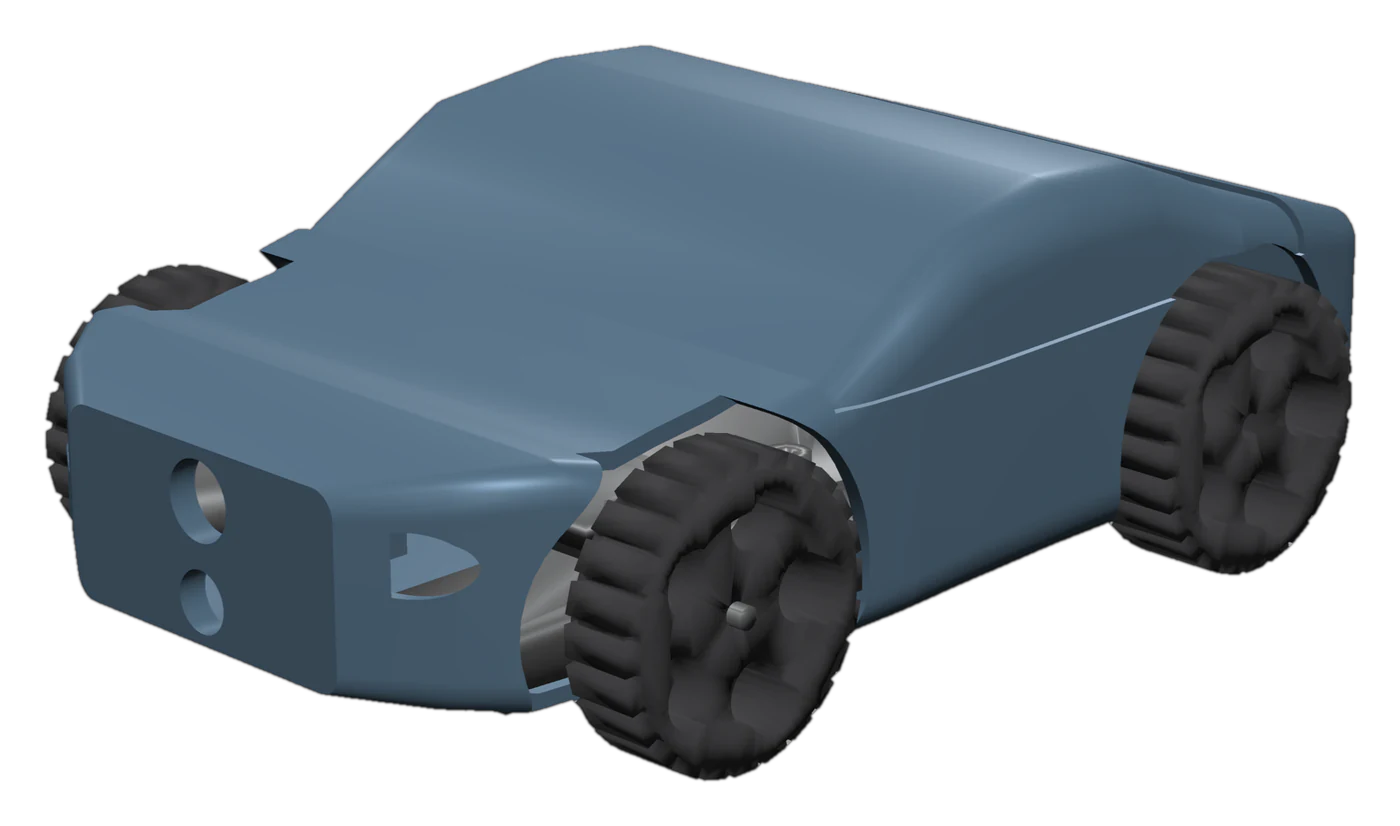 Render of the RL car: a lofted blue body shell over a printed chassis with four treaded wheels, seen from the front left