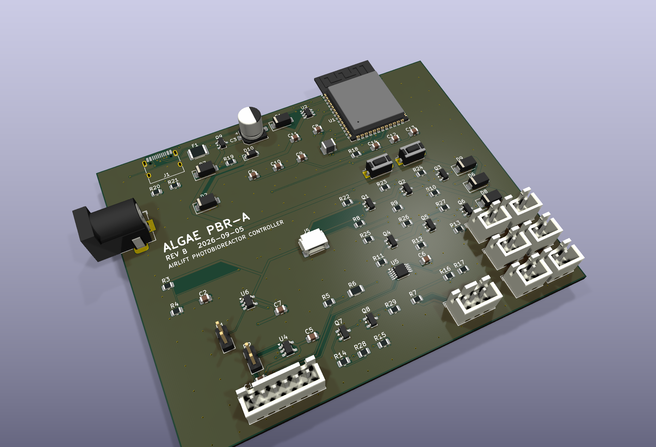 3D render of the airlift photobioreactor controller PCB, rev B, with ESP32-S3 module and screw terminals