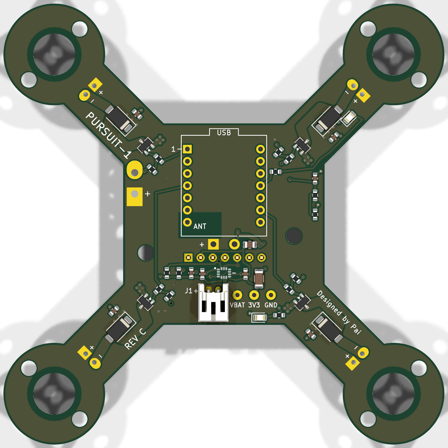 Render of the PURSUIT-1 flight-controller PCB, an X-shaped four-arm board with motor rings at each corner
