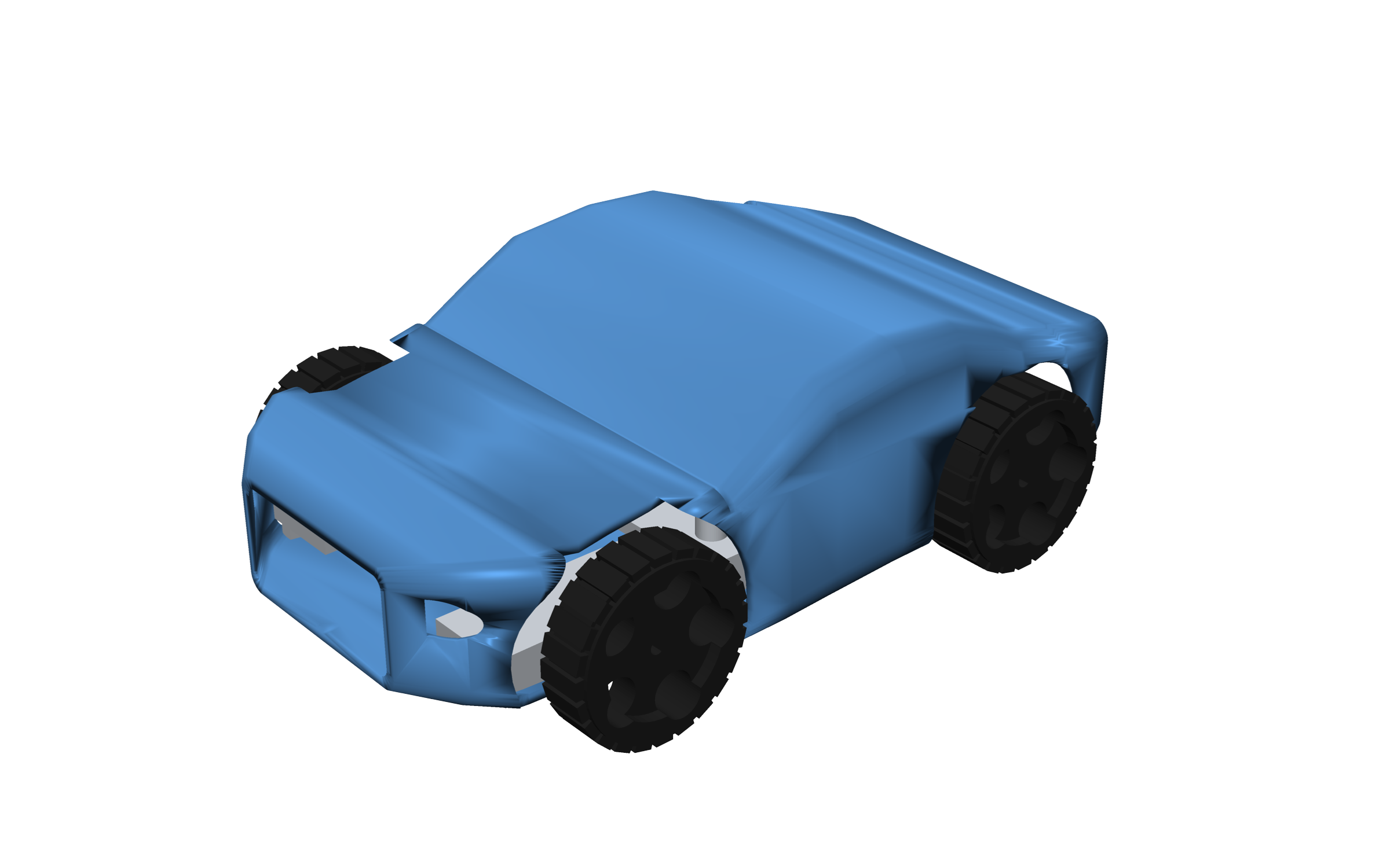 Render of the RL car: lofted blue body shell over a printed chassis, differential-drive rear wheels and a pivoting front beam, front three-quarter view